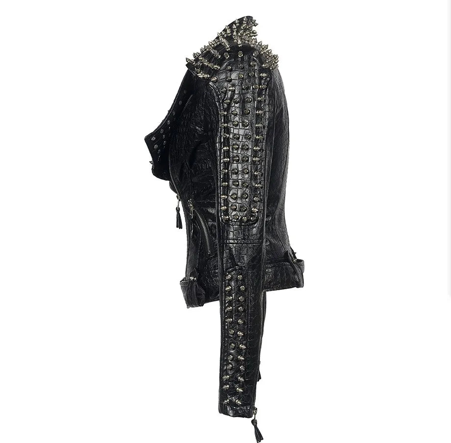 SX Occident Fashion women Club hot style Stud slim fit jacket shoulder rivets zip stitching short PU leather rock coat