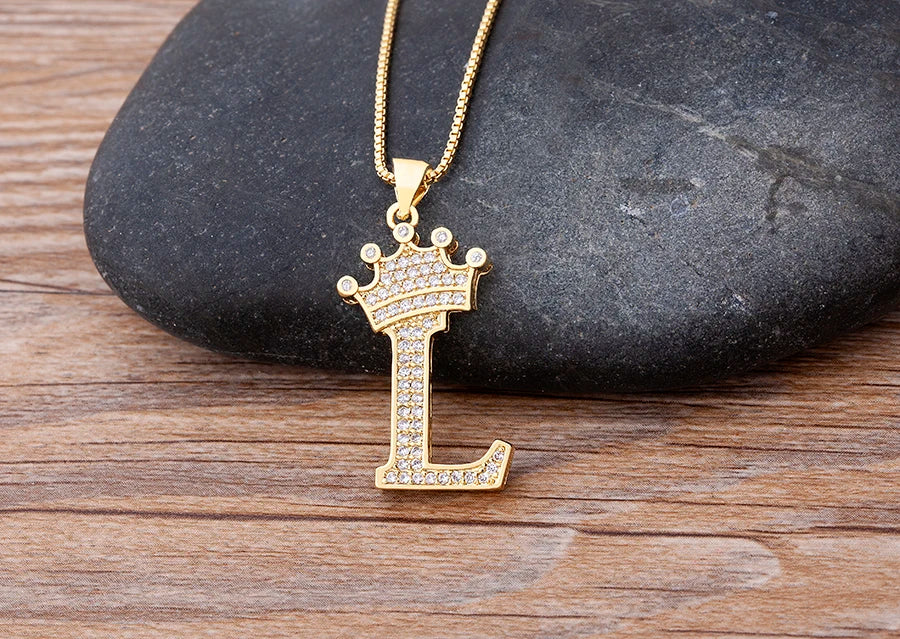 Nidin New Luxury Copper Zircon A-Z Crown Alphabet Pendant Chain Necklace Hip-Hop Style Fashion Woman Man Initial Name Jewelry