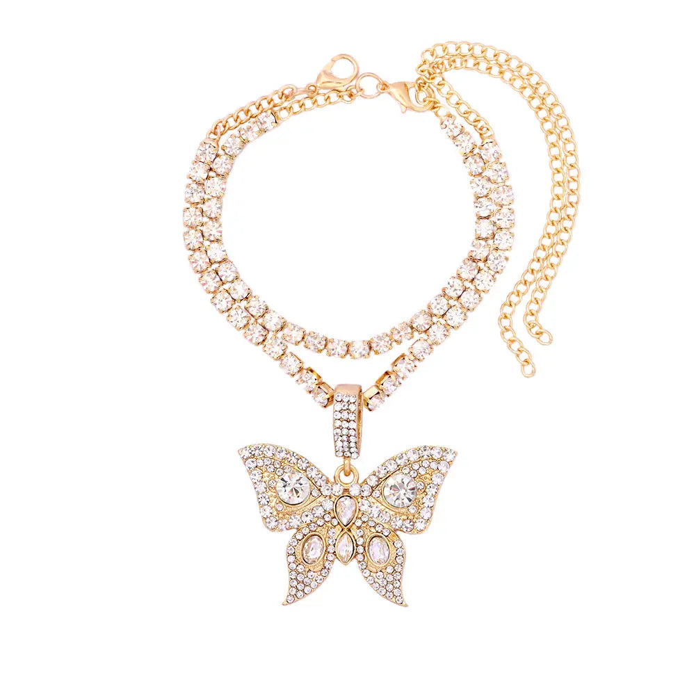 Vergoldete Kristall-Strass Schmetterling Anhänger Fußkettchen für Frauen, mehrschichtige große Strass Tennis-Kette Fußschmuck