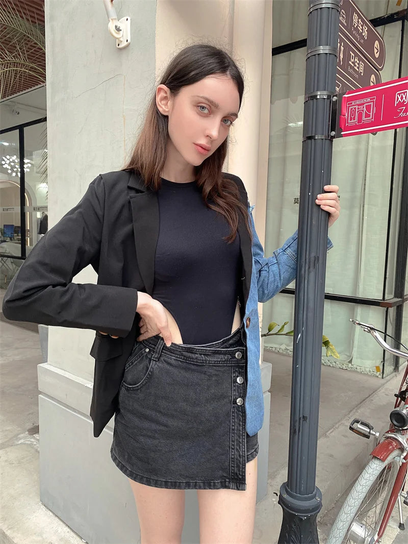 Women Vintage Fashion Blazer Denim Patchwork Jackets 2022 Autumn Winter Irregular Coat Women Long Sleeve Loose Korean Outerwear