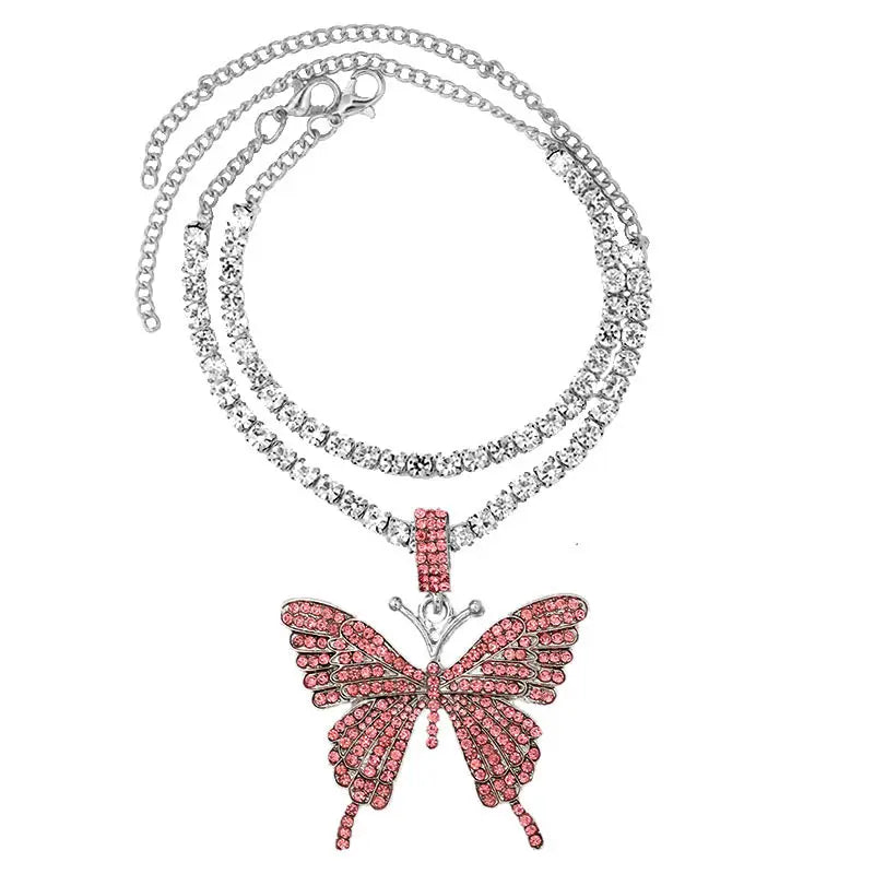 Vergoldete Kristall-Strass Schmetterling Anhänger Fußkettchen für Frauen, mehrschichtige große Strass Tennis-Kette Fußschmuck