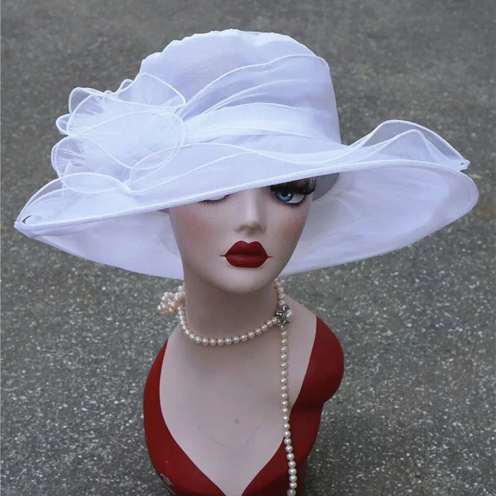 2021 Elegante Damenhüte mit breiter Krempe Sonnenhüte Kirche Hochzeits Derby Party Strand Blumen Mehrlagiger Organza Hut