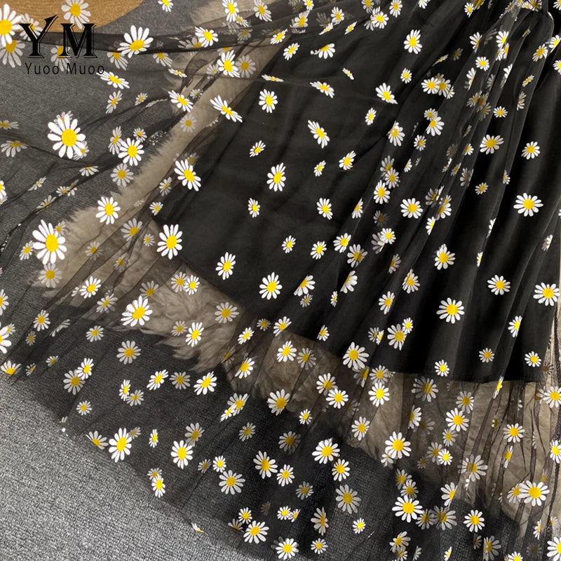 YuooMuoo Koreanische Mode Gänseblümchen Blumendruck Mesh Partykleid Sommer Zweilagiges Spaghettiträger Urlaub Midi Kleid Strandkleid