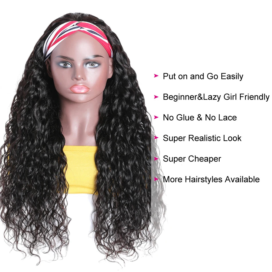 Unice Hair Headband Wig Human Hair Headband Scarf Wig Water Wave Human Hair Wigs for Women No Glue No Sew In Beginner Friendly