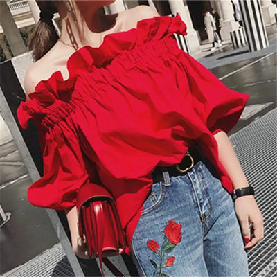 Damen Koreanische Rüschen schulterfreie T-Shirt-Oberteile Puffärmel Rot Chiffon Bluse Weiblich Oversize Casual Shirt Damen Chic Neu