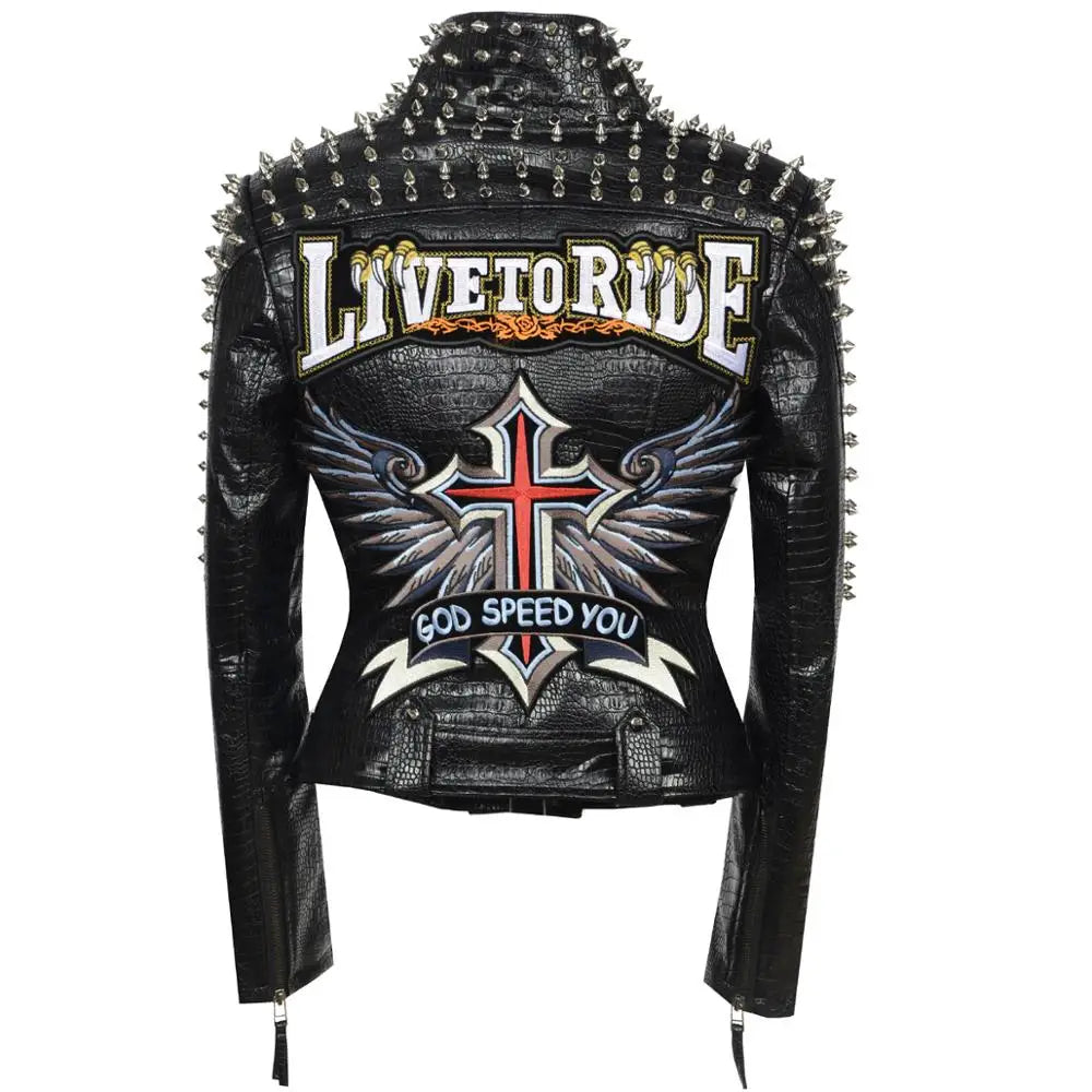 SX Occident Fashion women Club hot style Stud slim fit jacket shoulder rivets zip stitching short PU leather rock coat