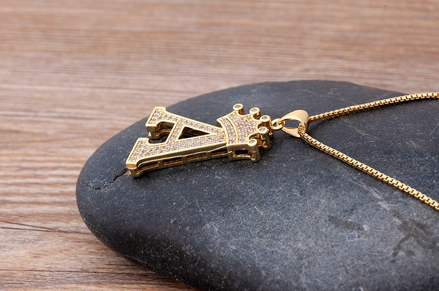 Nidin New Luxury Copper Zircon A-Z Crown Alphabet Pendant Chain Necklace Hip-Hop Style Fashion Woman Man Initial Name Jewelry