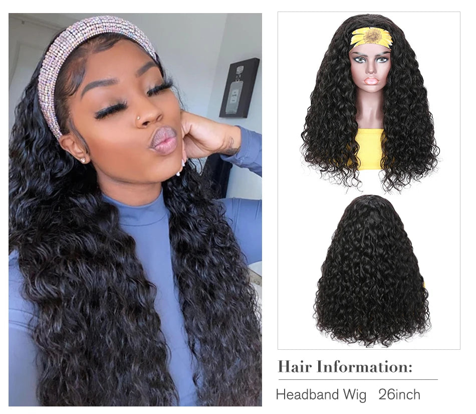 Unice Hair Headband Wig Human Hair Headband Scarf Wig Water Wave Human Hair Wigs for Women No Glue No Sew In Beginner Friendly
