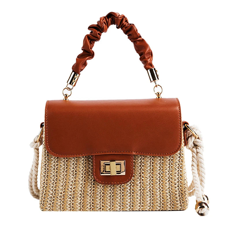 Straw Beach Bag for Women 2021 Summer Pleated Handle Luxury Designer Bag Contrast Color Crossbody Purse and Handbag Lady Bolsos