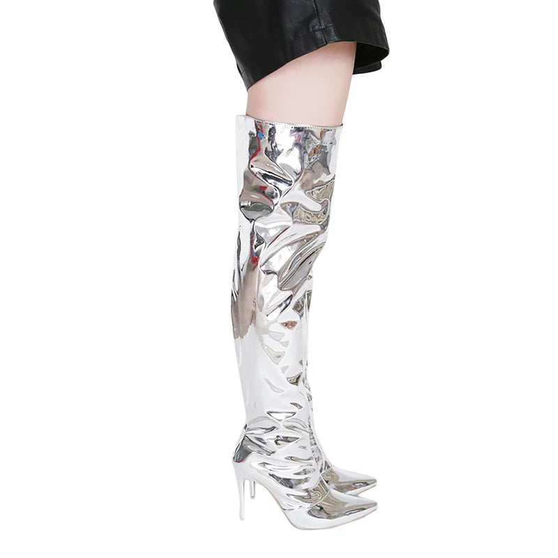 Women Sexy Silver Mirror Thigh High Boots T Show Pointy Toe Club Party Shoes Thin High Heels Over The Knee Long Boots For Women
