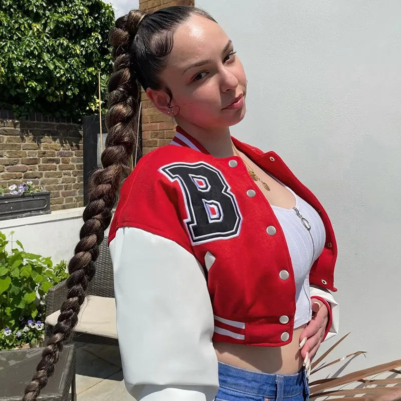 Patchwork Short Jacket Women Fall Casual Letter Print Button Baseball Uniform Coat Y2K Fashion Sporty Sweatshirt Oversize