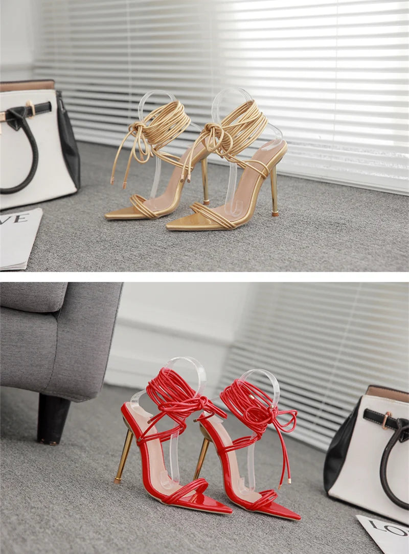 Sommer 12CM Gladiator High-Heel Sandalen für Damen Mode Spitze Offene Zehen Schnür-Stiletto Damen Riemchen-Hochzeitsschuhe Schwarz Rot