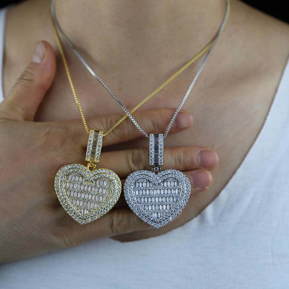Auf Lager Iced Out Bling Damen Schmuck 5A Weißer Zirkonia Herzanhänger Halskette Mit Tennis Box Chain
