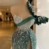 Hunter Green Mermaid Evening Dress One Shoulder Sequins Ruffles Party Dresses Custom Made Glitter Split Floor Length Prom Gowns