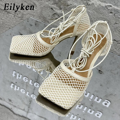 Eilyken Sexy Mesh Pumps Sandalen Damen Quadratische Zehenpartie High Heel Schnürung Kreuzgebunden Stiletto Hohlkleid Schuhe Zapatos Mujer