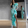 Sky Blue High Slit Luxury Beading Evening Dress Applique One Sleeve Robe soiree Islamic Dubai Kaftan Saudi Arabic Prom Gown