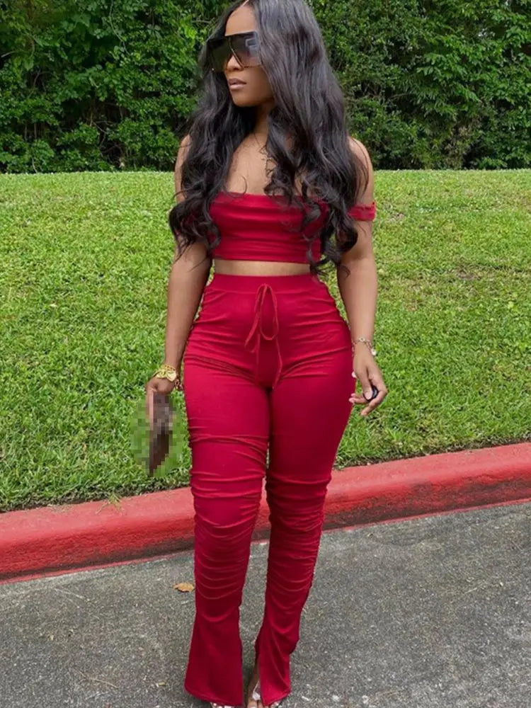 Two Piece Set for Women Two Piece Outfits Stacked Pants 2 Pieces Sets Women Crop Top Pants Stacked Leggings Outfits for Female