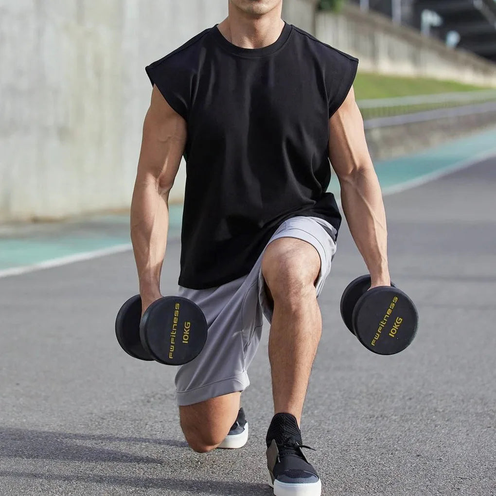 New Men O-neck Tank Top Pure Color Cotton Summer Vest Gym Muscle Bodybuilding Streetwear Sleeveless Shirt Workout Fitness Sport