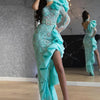 Sky Blue High Slit Luxury Beading Evening Dress Applique One Sleeve Robe soiree Islamic Dubai Kaftan Saudi Arabic Prom Gown