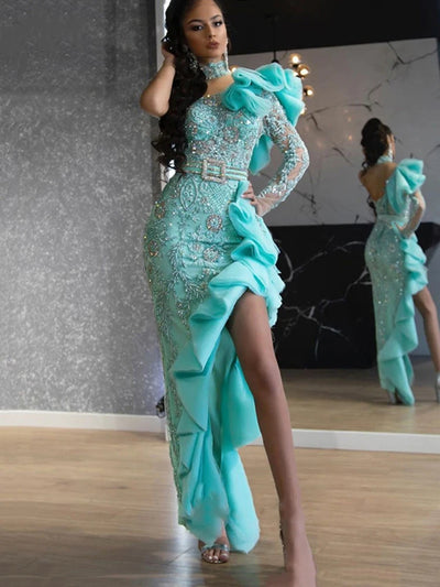 Sky Blue High Slit Luxury Beading Evening Dress Applique One Sleeve Robe soiree Islamic Dubai Kaftan Saudi Arabic Prom Gown
