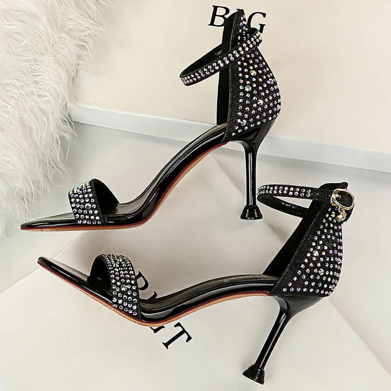 Damen Sommer Sandalen 8.5cm High Heels Strass Kristall Mittelhohe Absätze Knöchelriemchen Sandalen Damen Hochzeit Event Party Goldene Schuhe