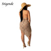 Stigende Women Irregular Two Piece Skirt Cover Up Summer Beach 2 Piece Knitted Swim Set Sexy Bandage Hollow Out Crochet Swimsuit