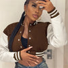 Patchwork Short Jacket Women Fall Casual Letter Print Button Baseball Uniform Coat Y2K Fashion Sporty Sweatshirt Oversize