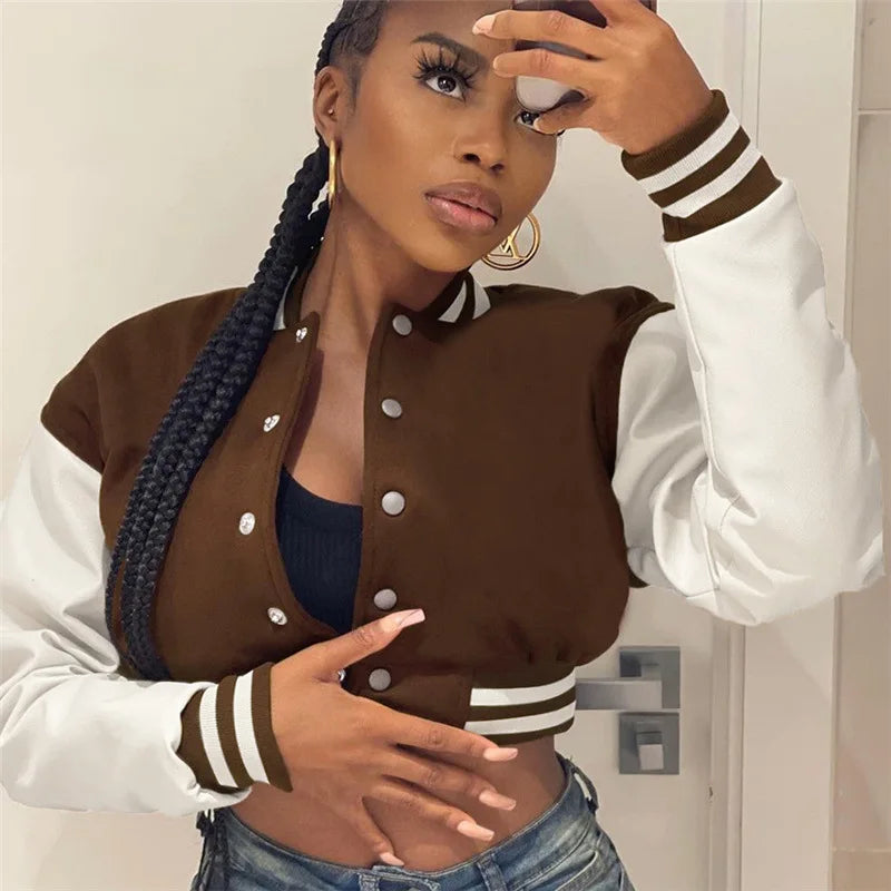 Patchwork Short Jacket Women Fall Casual Letter Print Button Baseball Uniform Coat Y2K Fashion Sporty Sweatshirt Oversize