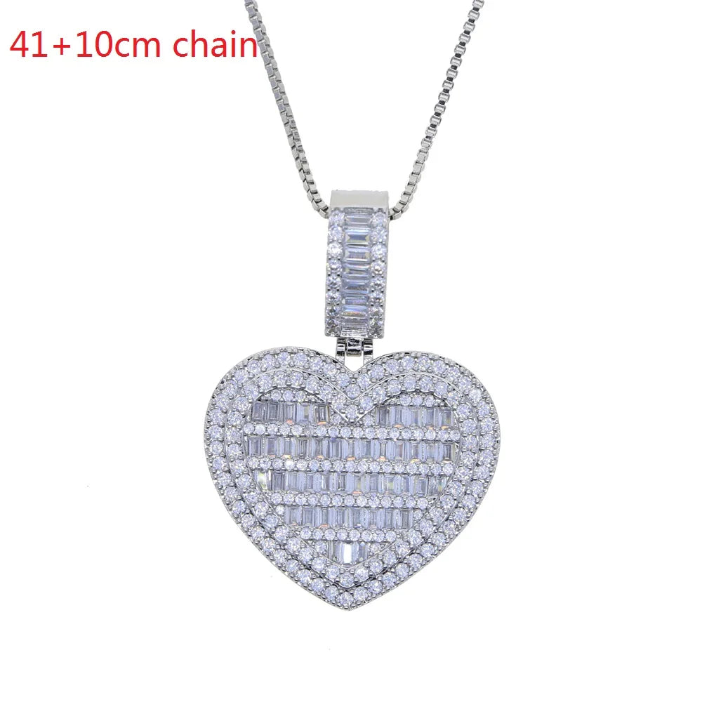 Auf Lager Iced Out Bling Damen Schmuck 5A Weißer Zirkonia Herzanhänger Halskette Mit Tennis Box Chain