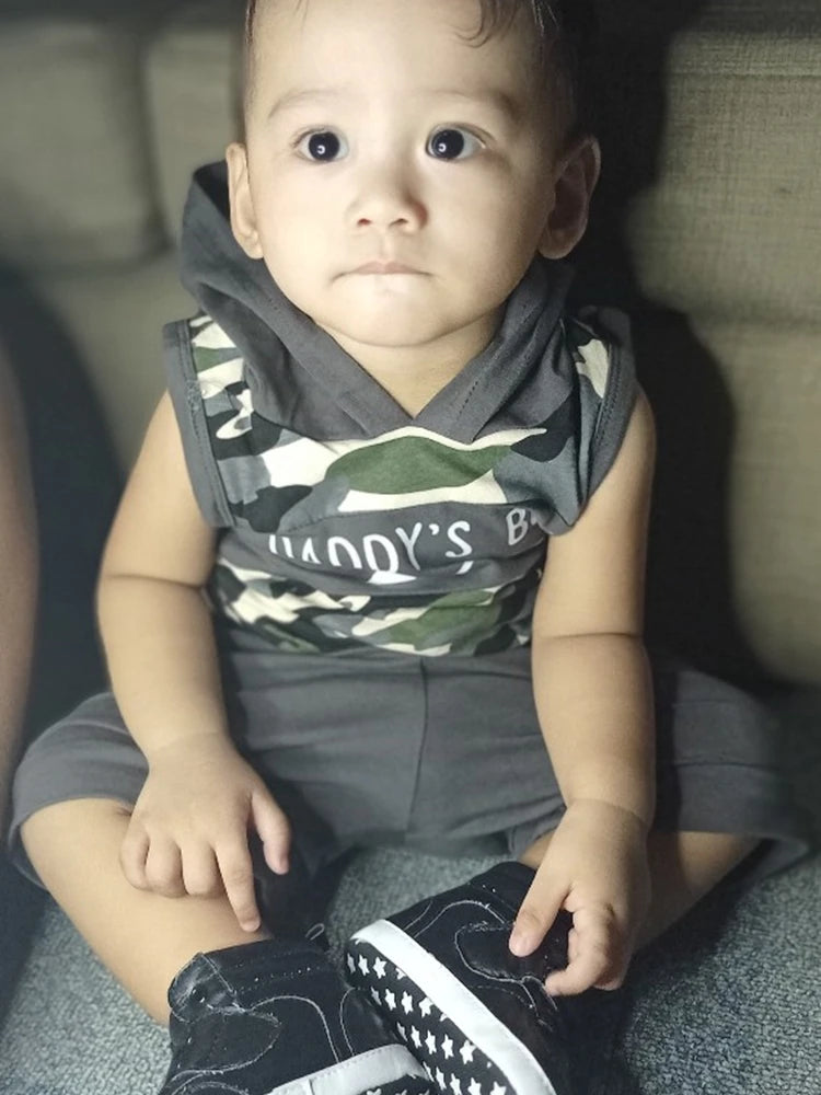 Cool Toddler Boy Clothes Set Sleeveless Hooded Camouflage Top+Shorts 2PCS Summer Sporty Outfits for Newborn Baby Boy 0-18 Months