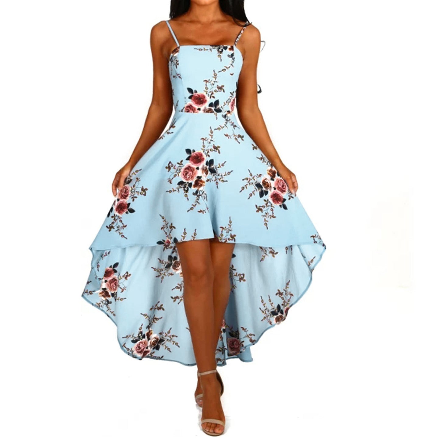 Women Holiday Floral Print Long Dresses Summer Spaghetti Strap Beach Swing Party A Line Dress Sexy Backless Irregular Dress Robe