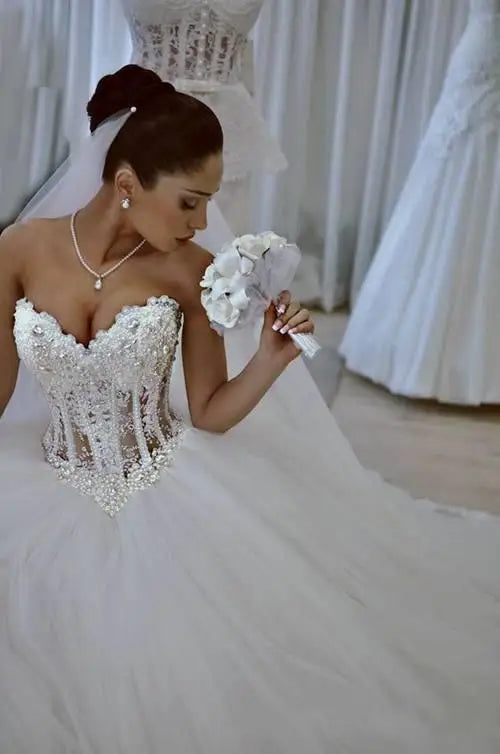Customized Sweetheart Wedding Dresses Corset Bodice Sheer Bridal Ball Crystal Pearls Beads Rhinestones Tulle Wedding Bridal Gown