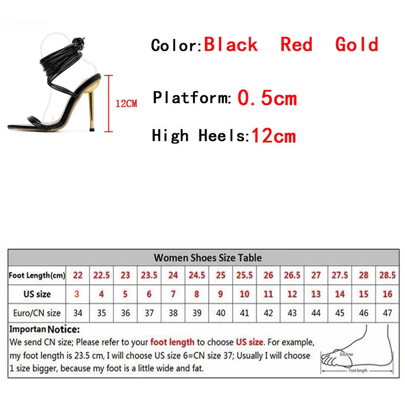 Sommer 12CM Gladiator High-Heel Sandalen für Damen Mode Spitze Offene Zehen Schnür-Stiletto Damen Riemchen-Hochzeitsschuhe Schwarz Rot