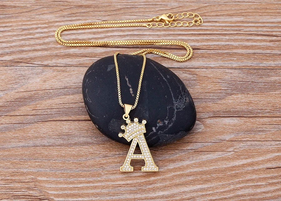 Nidin New Luxury Copper Zircon A-Z Crown Alphabet Pendant Chain Necklace Hip-Hop Style Fashion Woman Man Initial Name Jewelry