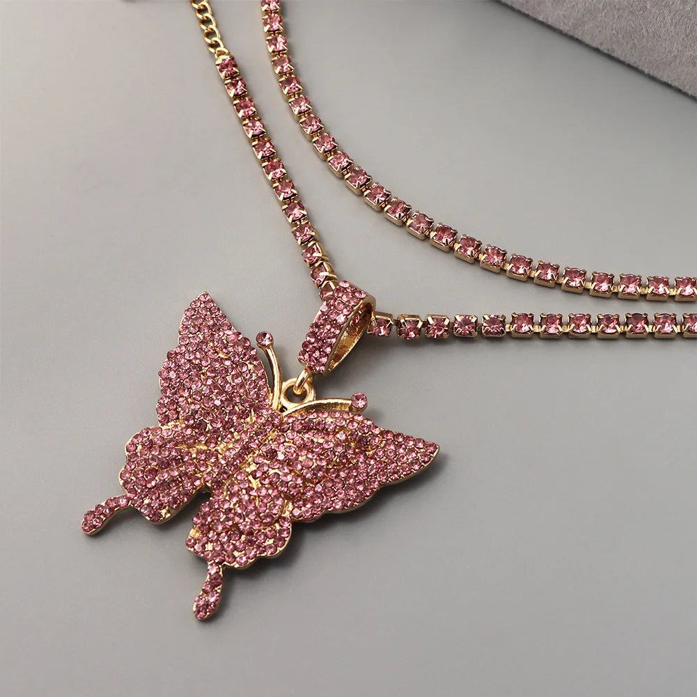 Vergoldete Kristall-Strass Schmetterling Anhänger Fußkettchen für Frauen, mehrschichtige große Strass Tennis-Kette Fußschmuck