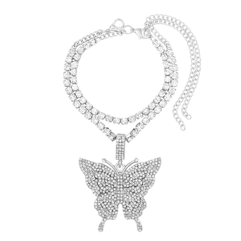 Vergoldete Kristall-Strass Schmetterling Anhänger Fußkettchen für Frauen, mehrschichtige große Strass Tennis-Kette Fußschmuck
