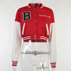 Patchwork Short Jacket Women Fall Casual Letter Print Button Baseball Uniform Coat Y2K Fashion Sporty Sweatshirt Oversize