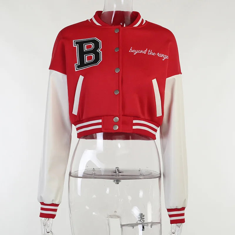Patchwork Short Jacket Women Fall Casual Letter Print Button Baseball Uniform Coat Y2K Fashion Sporty Sweatshirt Oversize