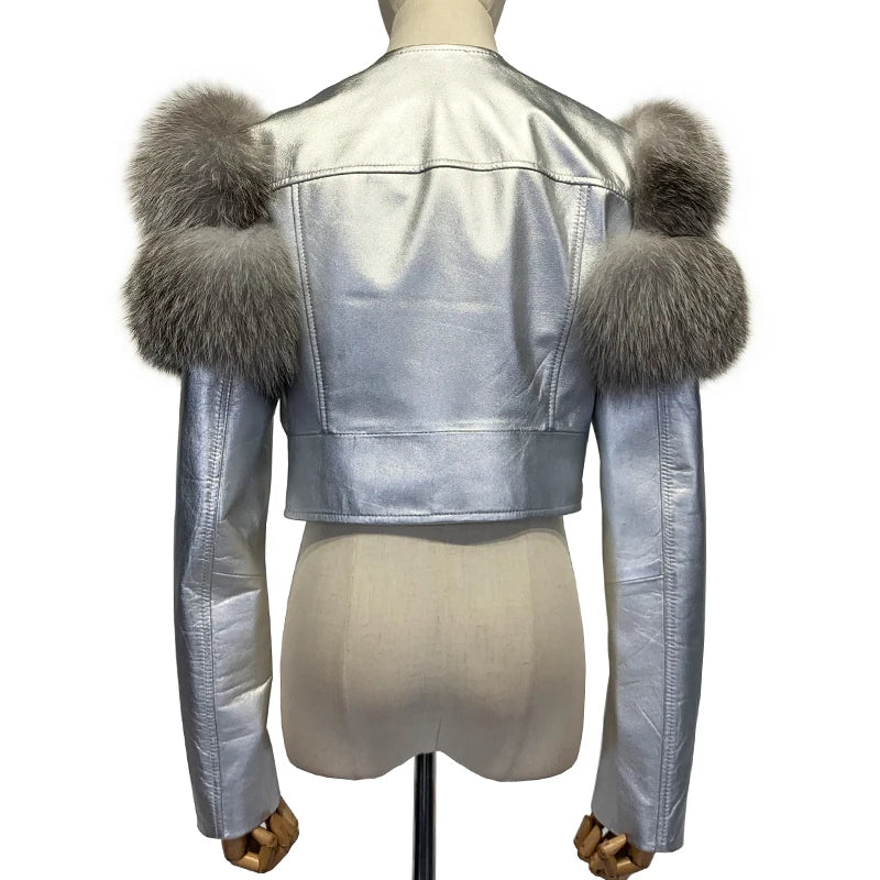 GO BALLISTIC YA Women Leather Jacket With Fur Sleeve Fashion Ladies Crop Jacket