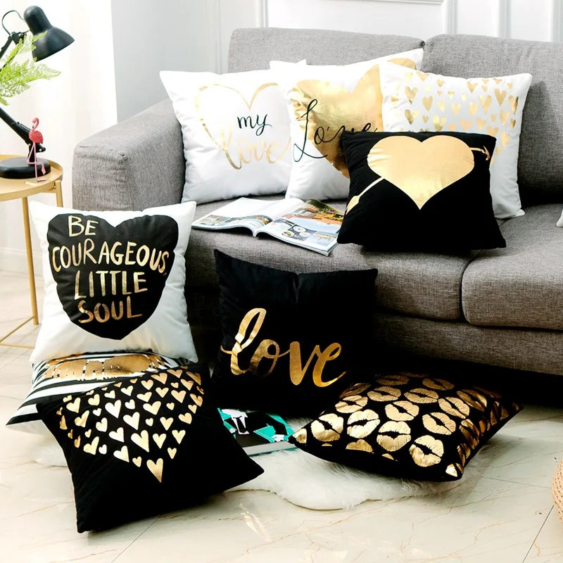 Liebe Schwarz-Weiß-Bräunungs-Kissen Zierkissen Goldfolie Geometrischer Kissenbezug Wohnkultur Sofa Wurfkissen 17*17 Zoll