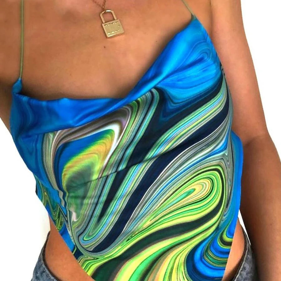 Bandage Halter Hot Sexy Navel Pink Crop Top 2021 Summer Sexy Female Art Print Sleeveless Fashion Slim Tight Party Club Outer