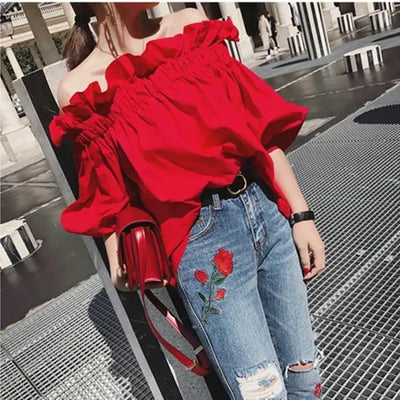 Damen Koreanische Rüschen schulterfreie T-Shirt-Oberteile Puffärmel Rot Chiffon Bluse Weiblich Oversize Casual Shirt Damen Chic Neu