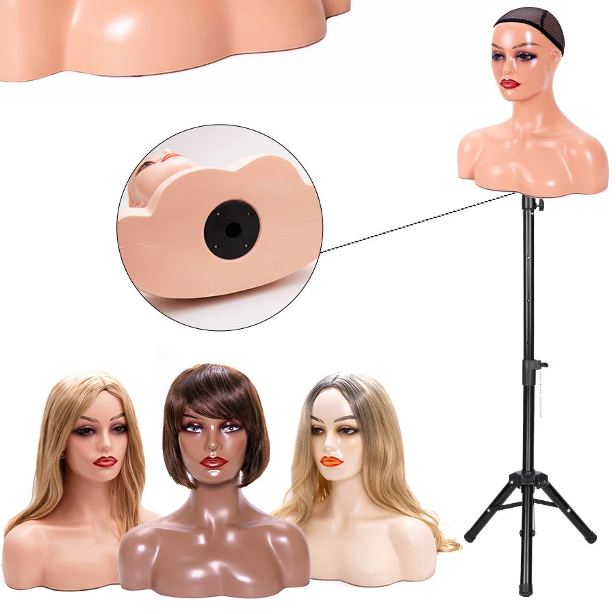 Weibliche Schaufensterpuppenkopf mit Schulter Mannequin Kopf Büste Perückenkopf Ständer mit Make-up für Perücken Präsentation Halskette Kostenlose Ohrringe, Perückenkappe