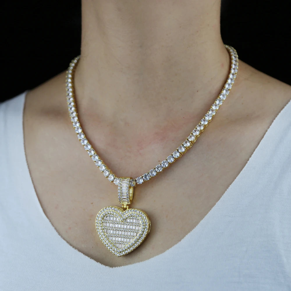 Auf Lager Iced Out Bling Damen Schmuck 5A Weißer Zirkonia Herzanhänger Halskette Mit Tennis Box Chain