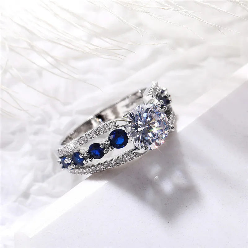 Huitan Special-interest Wedding Rings Women Blue/White Round CZ Novel Designed Female Party Ring Temperament Gift Trendy Jewelry