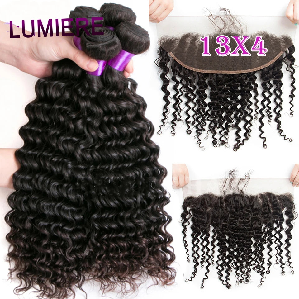 Mongolian Afro Kinky Curly Human Hair Bundles With Closure Deep Curly Hair Weave Bundles With Frontal Closure Hair Extensions