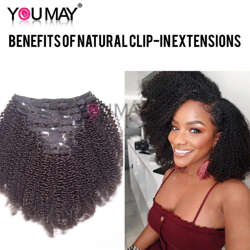 4B 4C Afro Kinky Curly Clip-In Echthaar-Extensions 100 % mongolisches unbehandeltes Haar Echtes menschliches Naturhaar Schwarz Clip-Ins Afro-Bündel YouMay