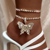 Vergoldete Kristall-Strass Schmetterling Anhänger Fußkettchen für Frauen, mehrschichtige große Strass Tennis-Kette Fußschmuck
