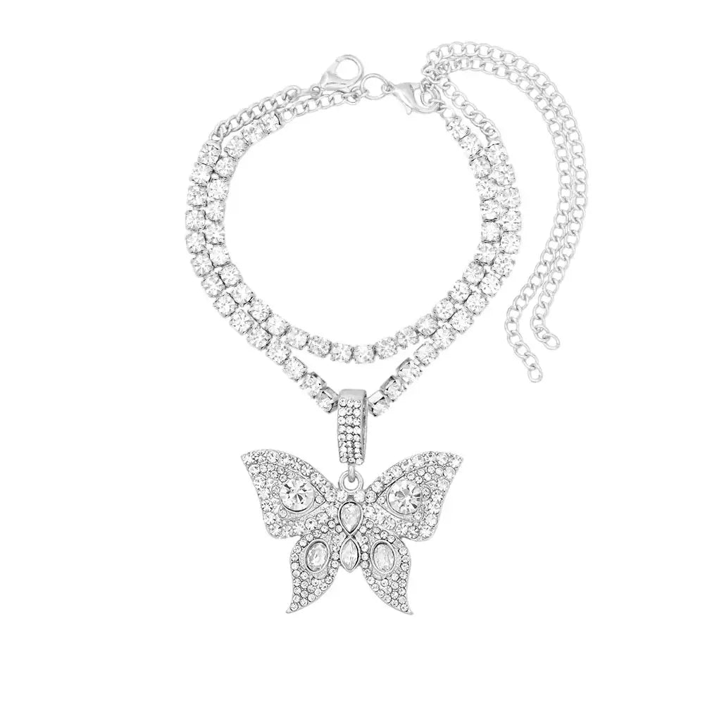 Vergoldete Kristall-Strass Schmetterling Anhänger Fußkettchen für Frauen, mehrschichtige große Strass Tennis-Kette Fußschmuck