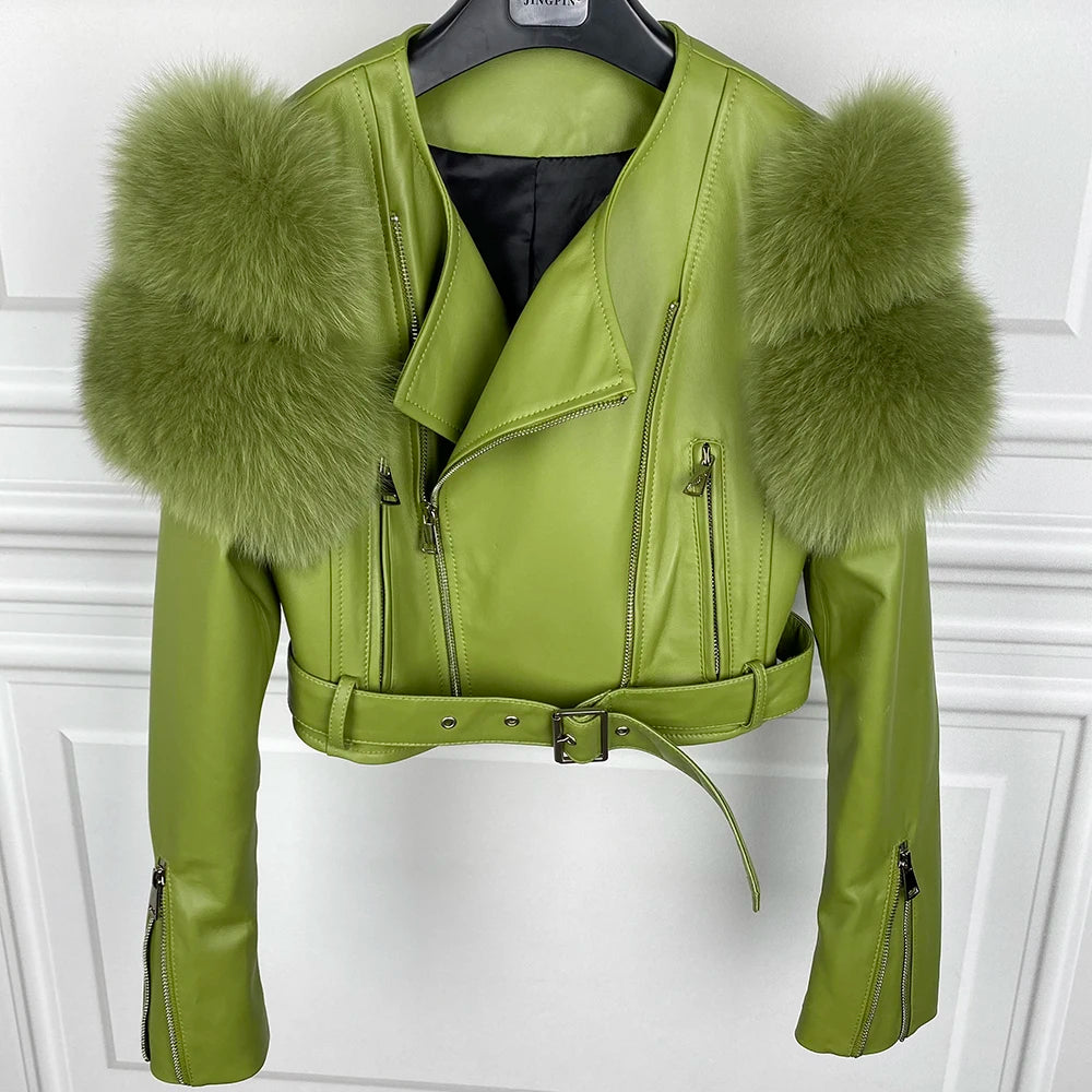 GO BALLISTIC YA Ladies' Genuine Leather Jacket with Fur Sleeve Women's Natural Lambskin Outfit